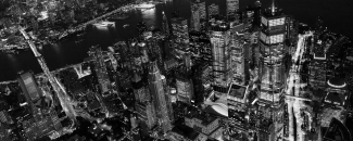 Black and white photo of New York City at night