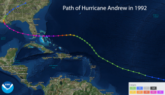 Map of the path of Hurricane Andrew in 1992