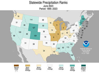 Map of the U.S. showing statewide precipitation ranks for June 2023 with wetter areas in gradients of green and drier areas in gradients of brown.