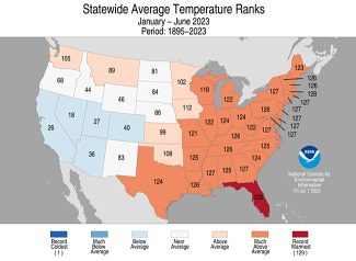 Map of the U.S. showing statewide average temperature ranks for January-June 2023 with warmer areas in gradients of red and cooler areas in gradients of blue.