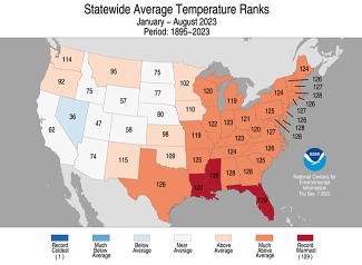 Alt text: Map of the U.S. showing statewide average temperature ranks for January-August 2023 with warmer areas in gradients of red and cooler areas in gradients of blue.