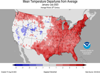 Alt text: Map of the U.S. showing mean departures from average for January–July 2023 with warmer areas in gradients of red and cooler areas in gradients of blue.
