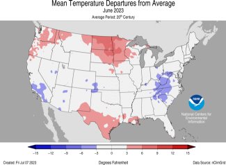 Map of the U.S. showing temperature departure from average for June 2023 with warmer areas in gradients of red and cooler areas in gradients of blue.