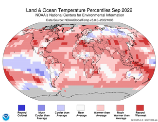 Map of the world showing land/ocean temperature percentiles for September 2022 with warmer areas in gradients of red and cooler areas in gradients of blue.