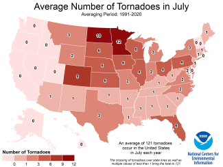Map of the “Average Number of Tornadoes in July; Averaging Period: 1991–2020”.
