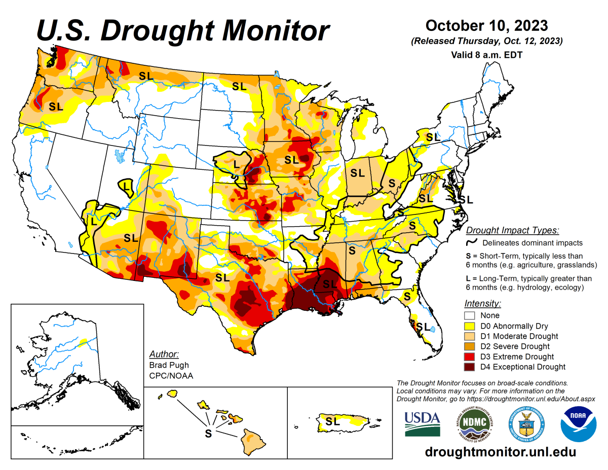 U.S. Drought Monitor map for October 10, 2023.