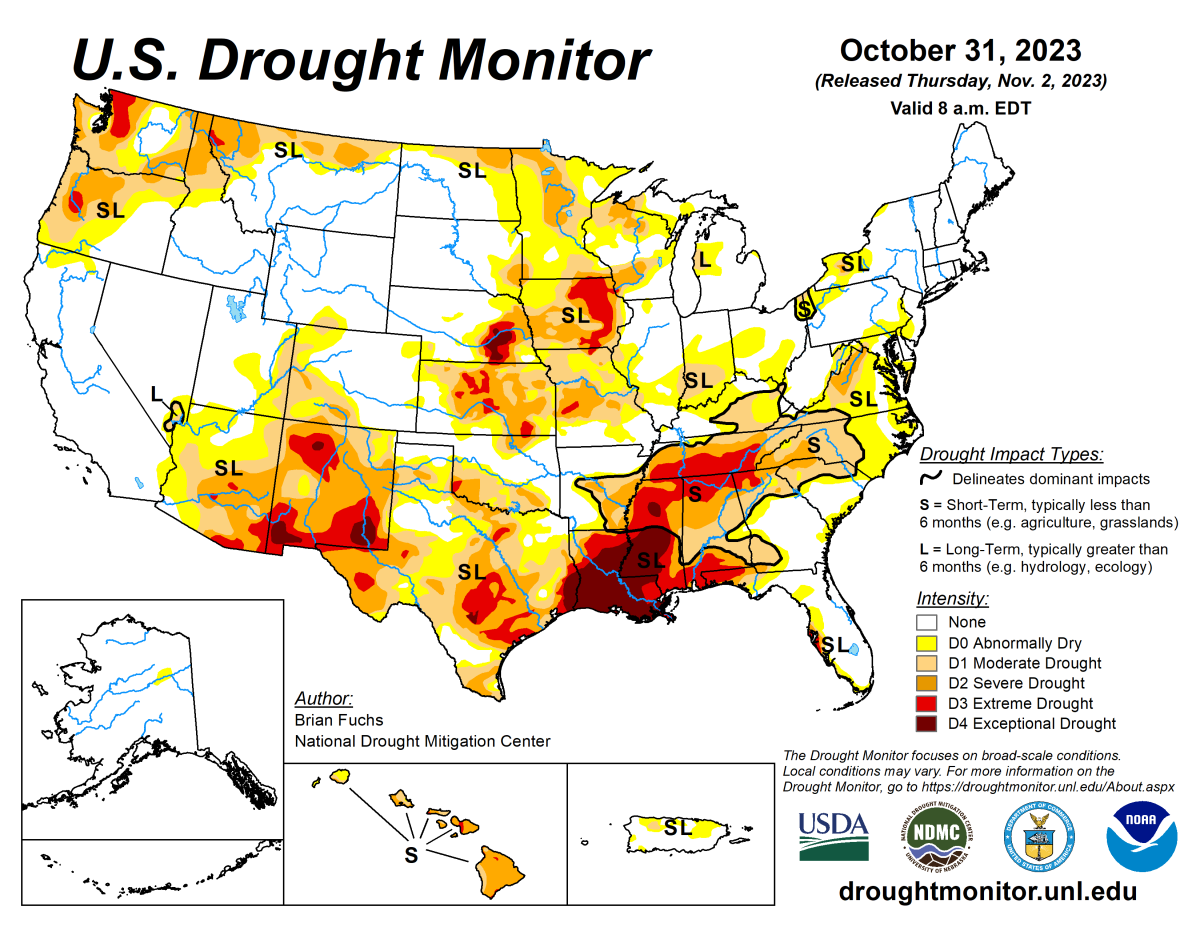 U.S. Drought Monitor map for October 31, 2023.