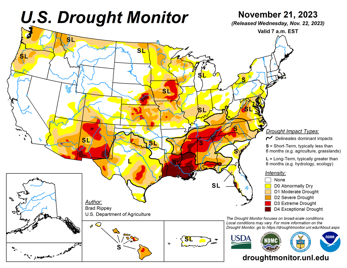U.S. Drought Monitor map for November 21, 2023.