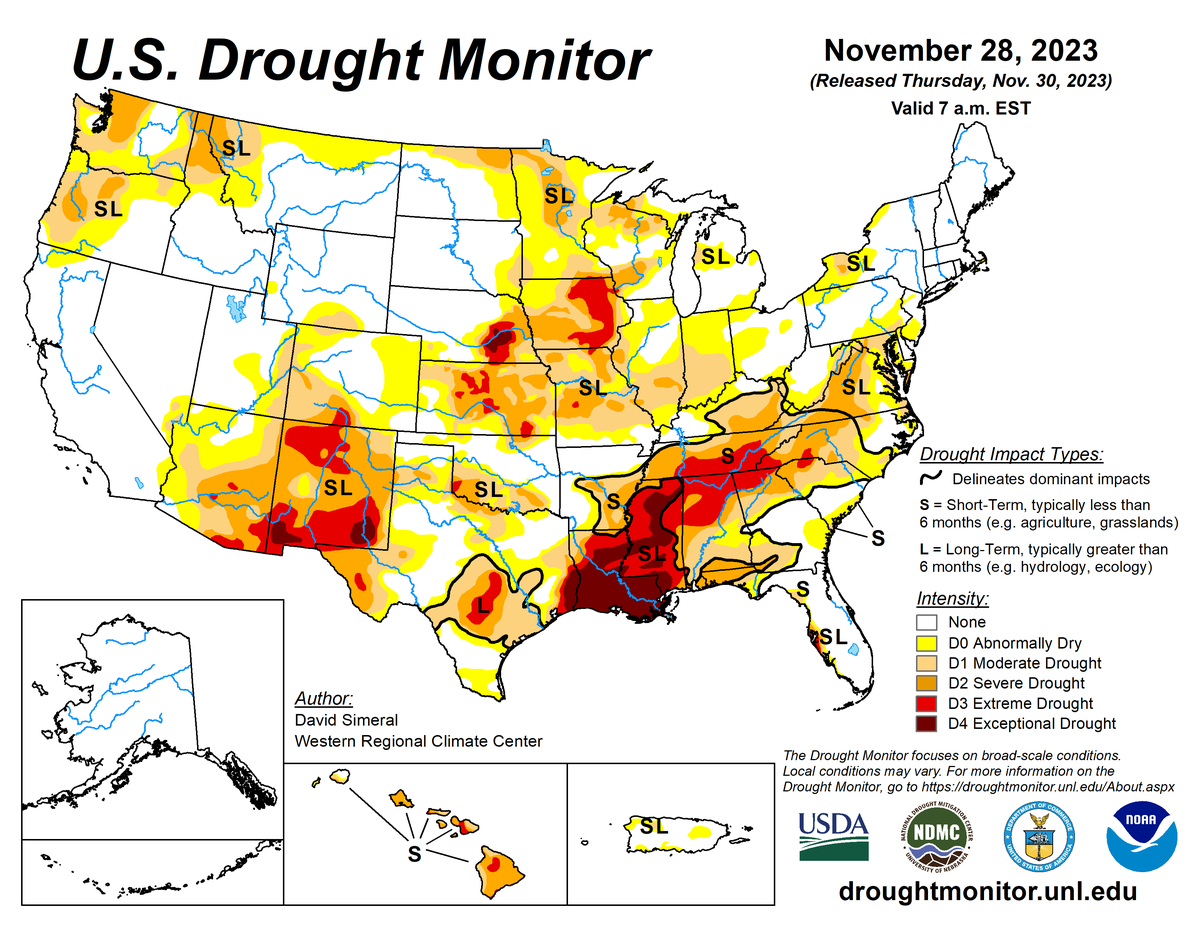 U.S. Drought Monitor map for November 28, 2023.