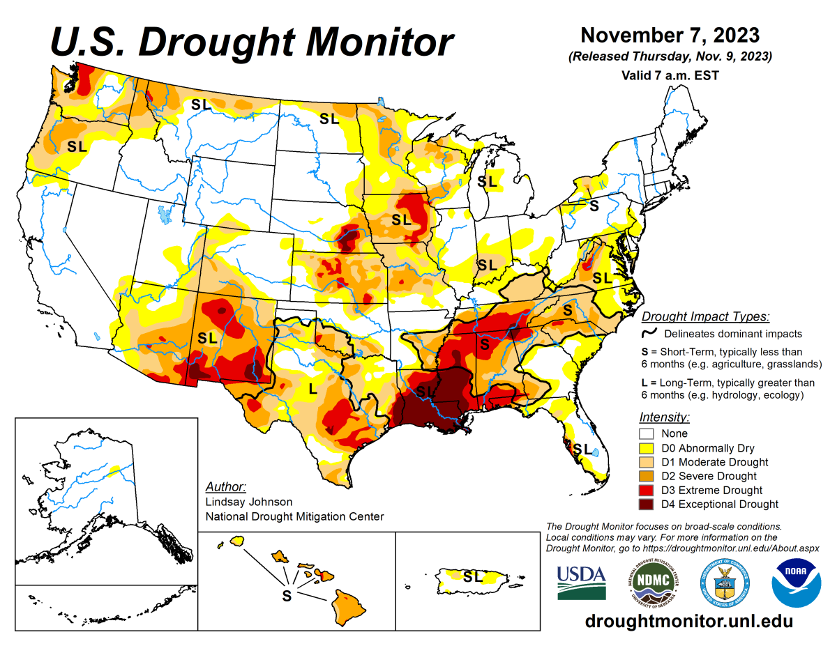 U.S. Drought Monitor map for November 7, 2023.