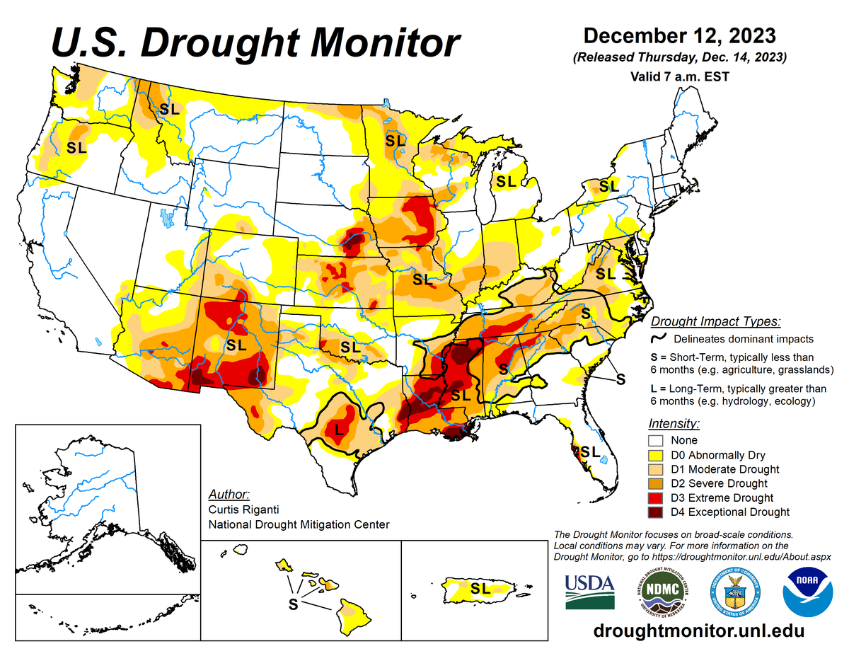 U.S. Drought Monitor map for December 12, 2023.