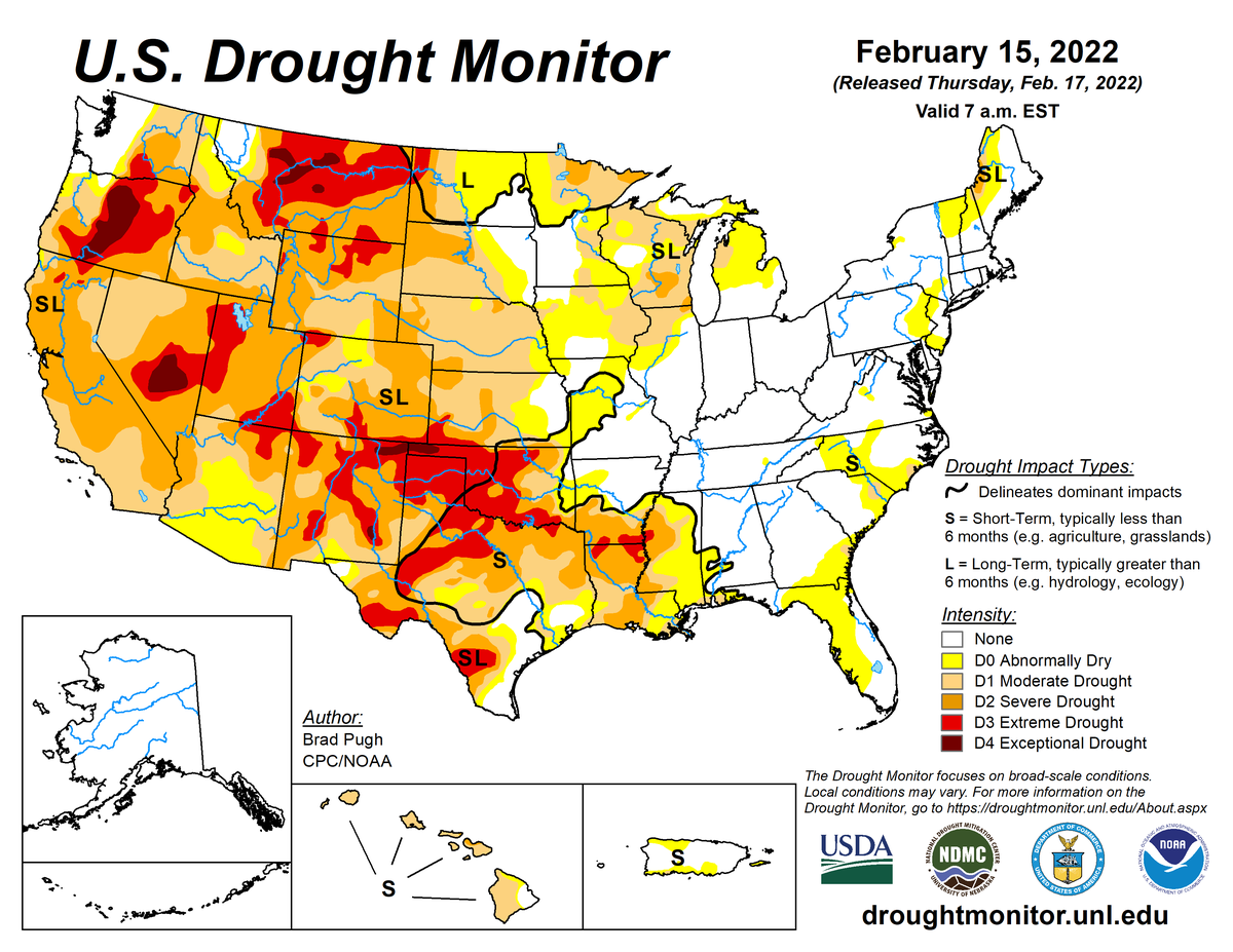 U.S. Drought Monitor map for February 15, 2022