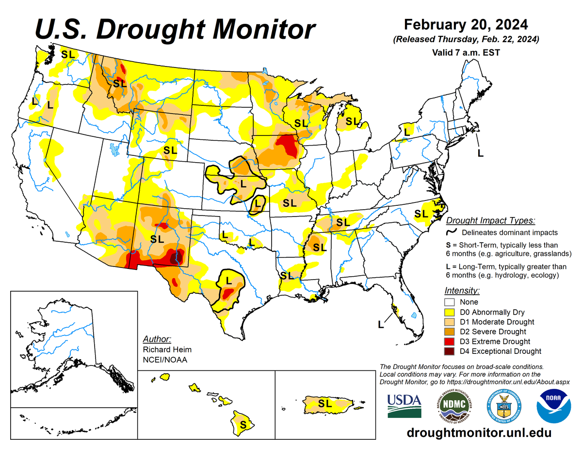 U.S. Drought Monitor map for February 20, 2024.