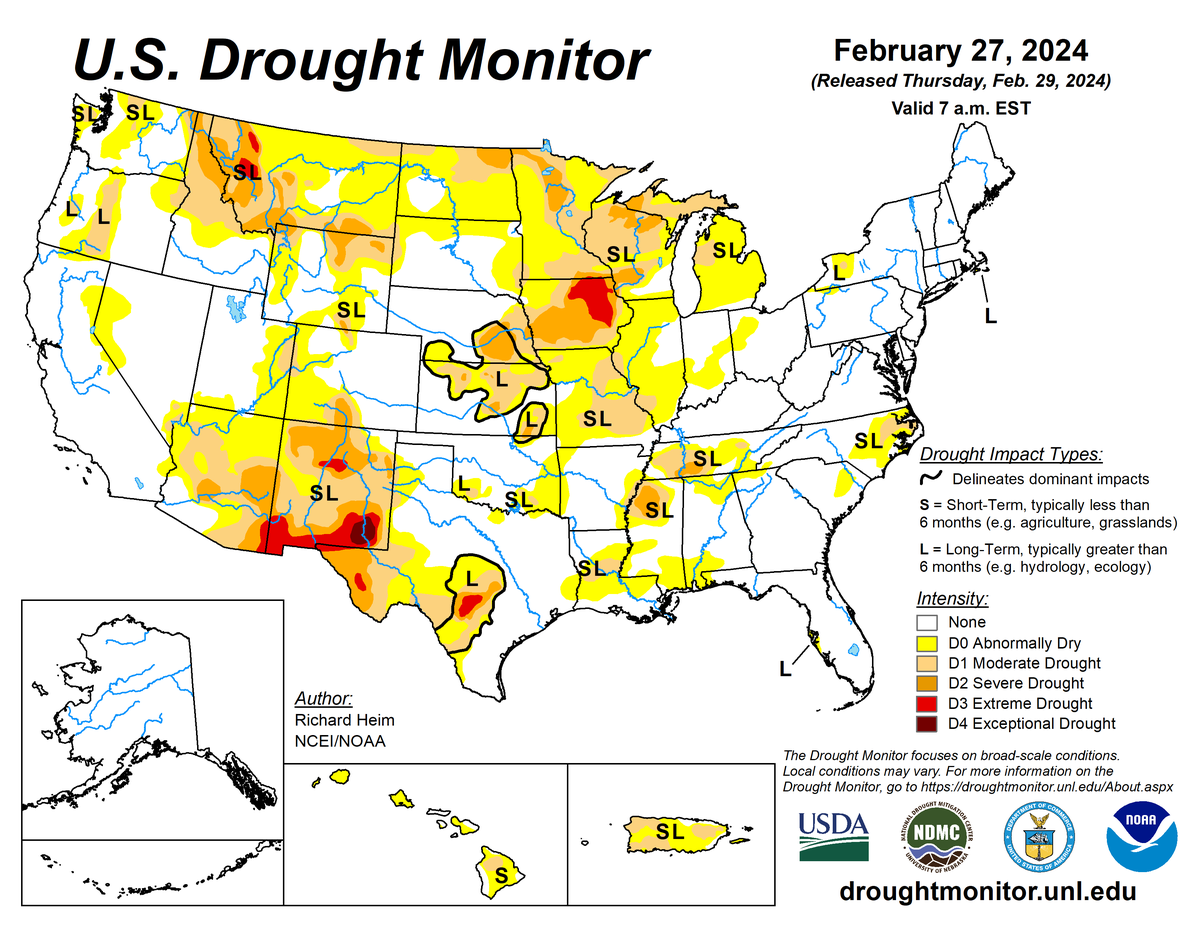 U.S. Drought Monitor map for February 27, 2024.