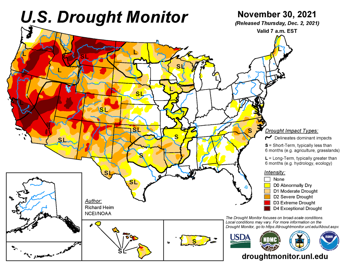 Map showing the distribution of drought conditions across the United States for the week ending on November 30th, 2021.
