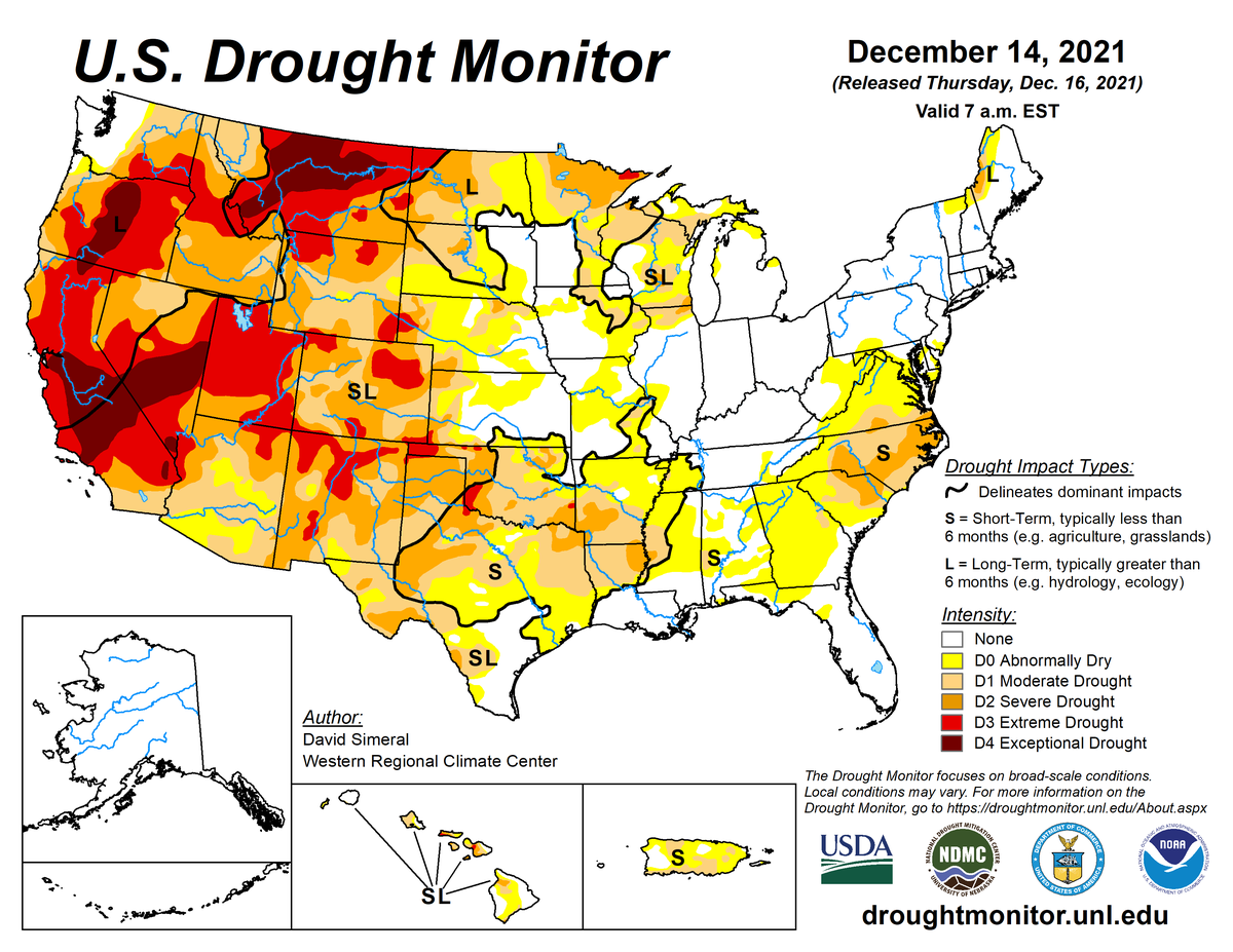 Map of drought conditions for the United States for the week ending December 4th, 2021.