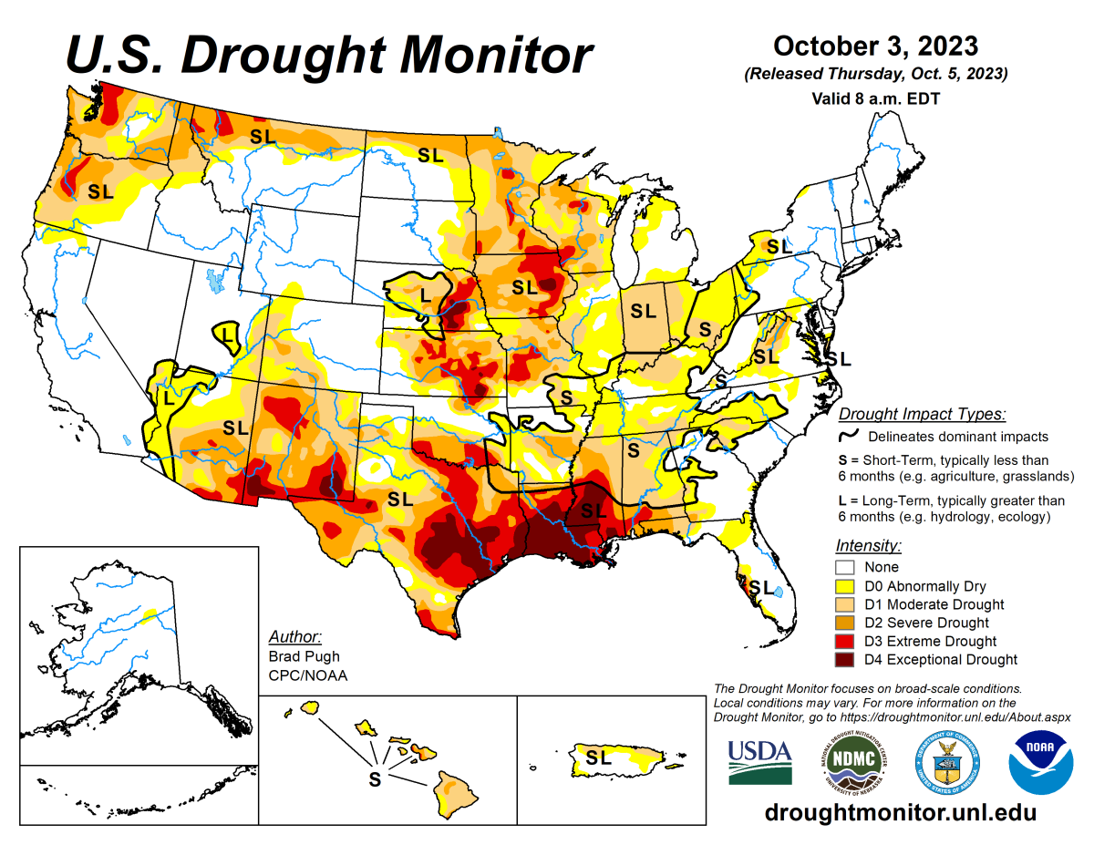U.S. Drought Monitor map for October 3, 2023.