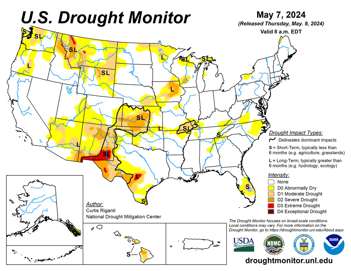 U.S. Drought Monitor map for May 9, 2024