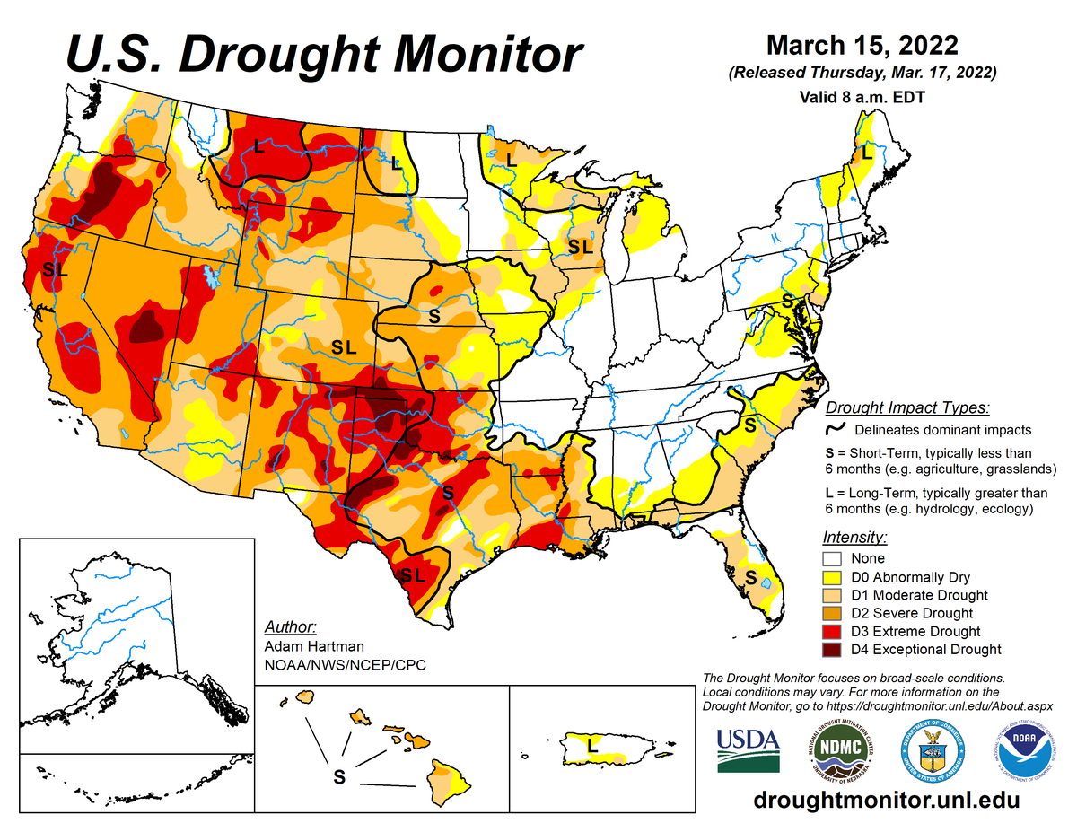 Map showing the drought conditions across the United States for the week ending on March 15th, 2022. 