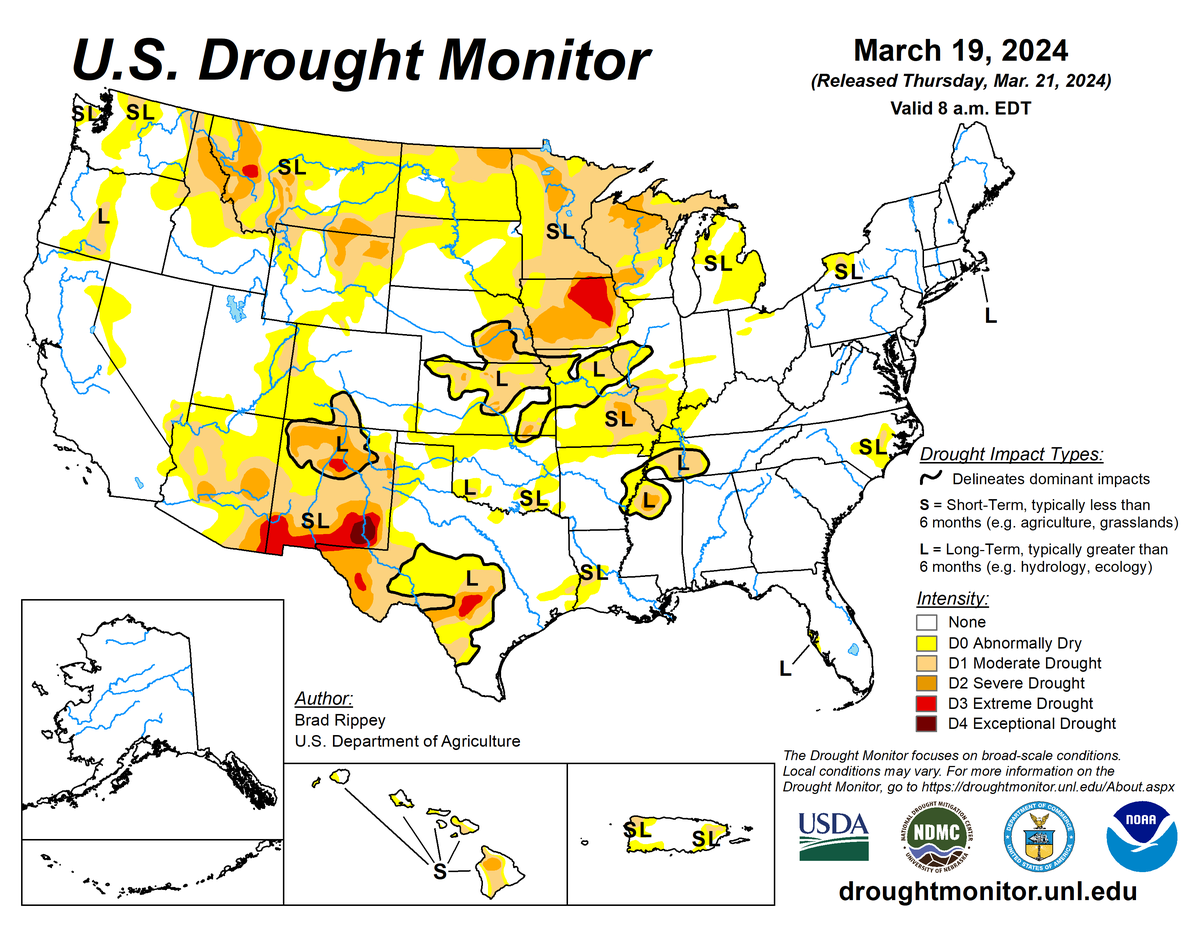 U.S. Drought Monitor map for March 19, 2024.