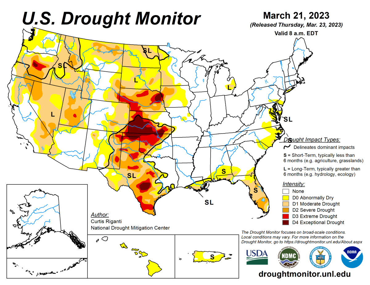 U.S. Drought Monitor map for March 21, 2023.