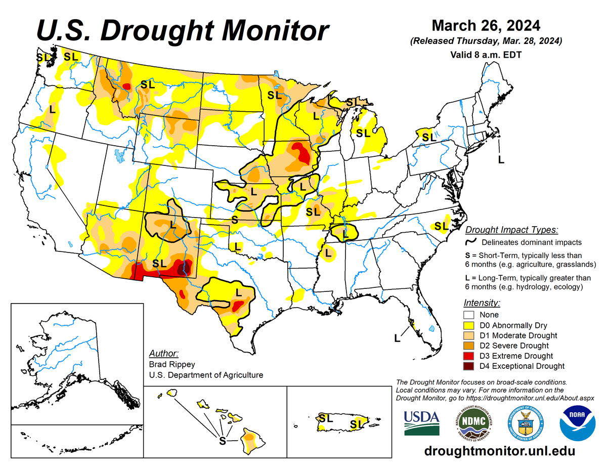 U.S. Drought Monitor map for March 26, 2024.