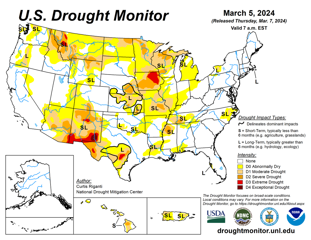 U.S. Drought Monitor map for March 5, 2024.