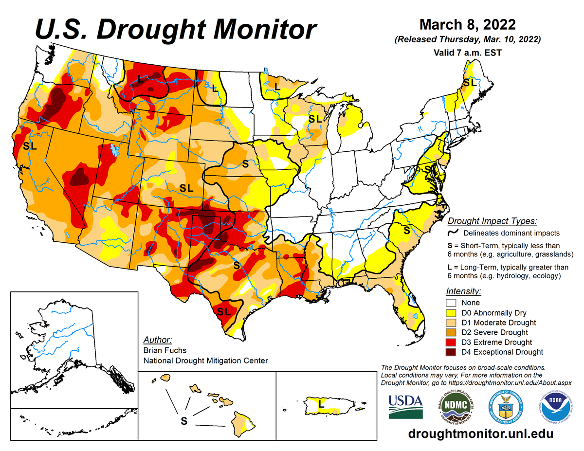 U.S. Drought Monitor map for March 8, 2022