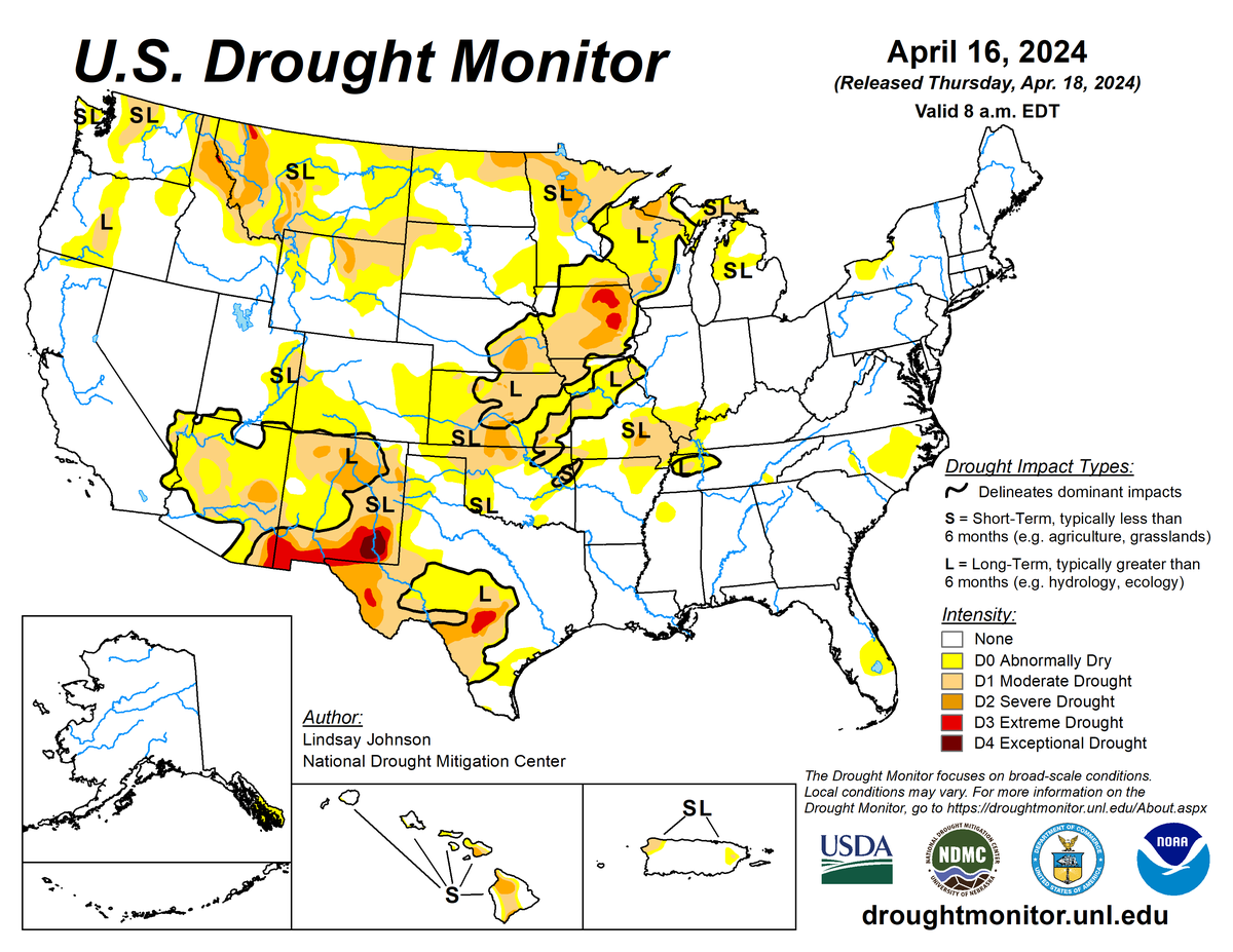 U.S. Drought Monitor map for April 16, 2024.
