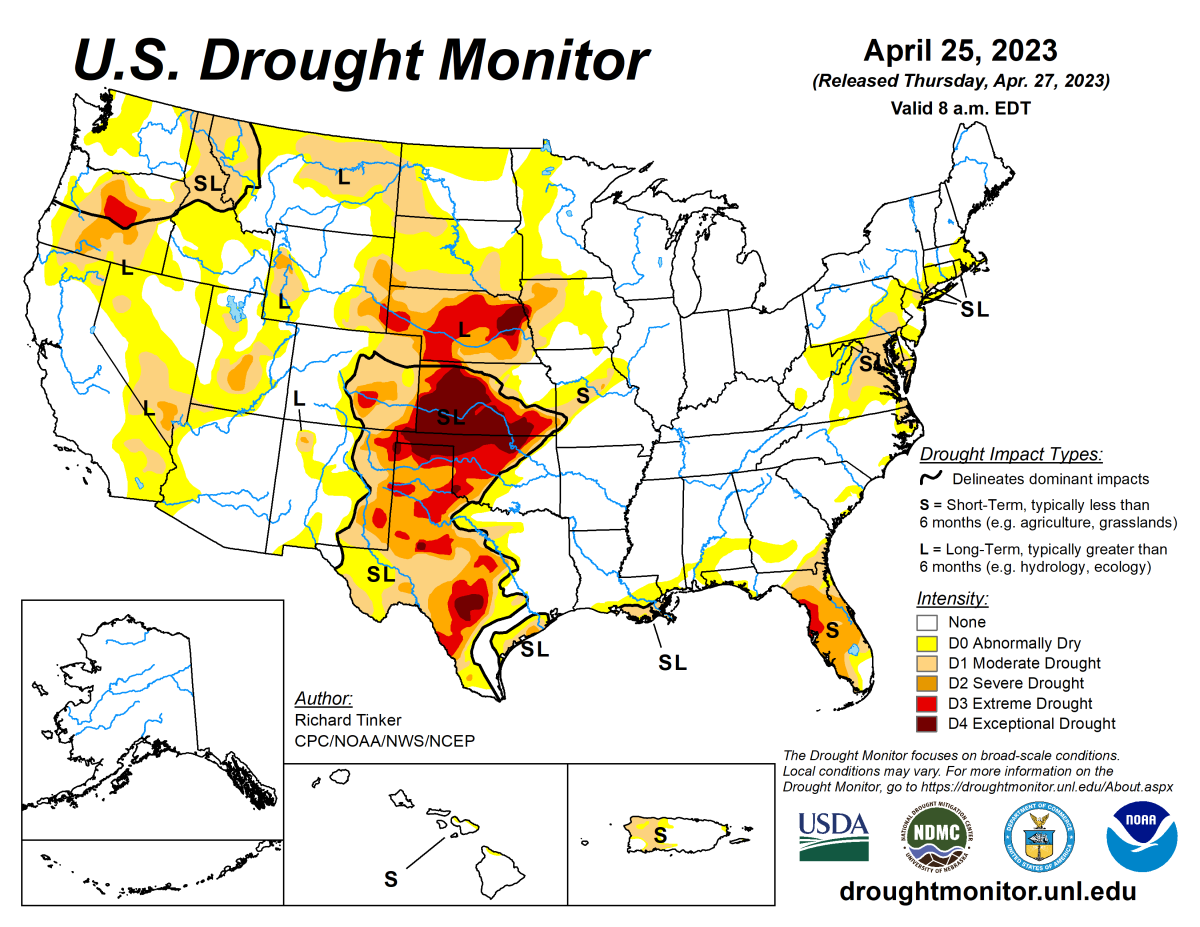 U.S. Drought Monitor map for April 25, 2023.