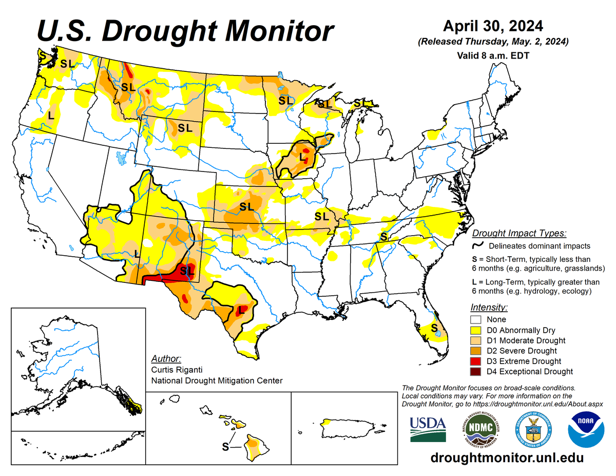 U.S. Drought Monitor map for April 30, 2024.