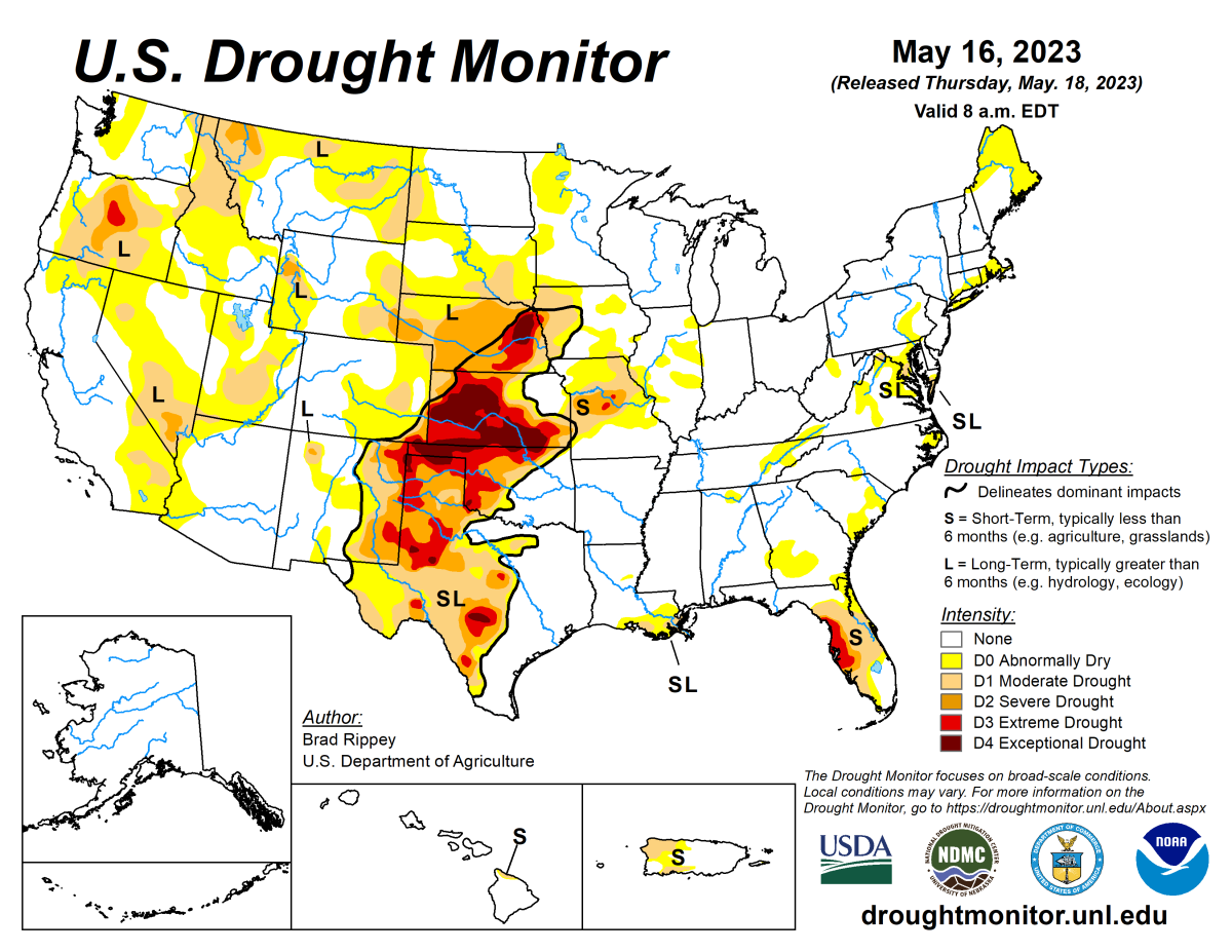 U.S. Drought Monitor map for May 16, 2023.