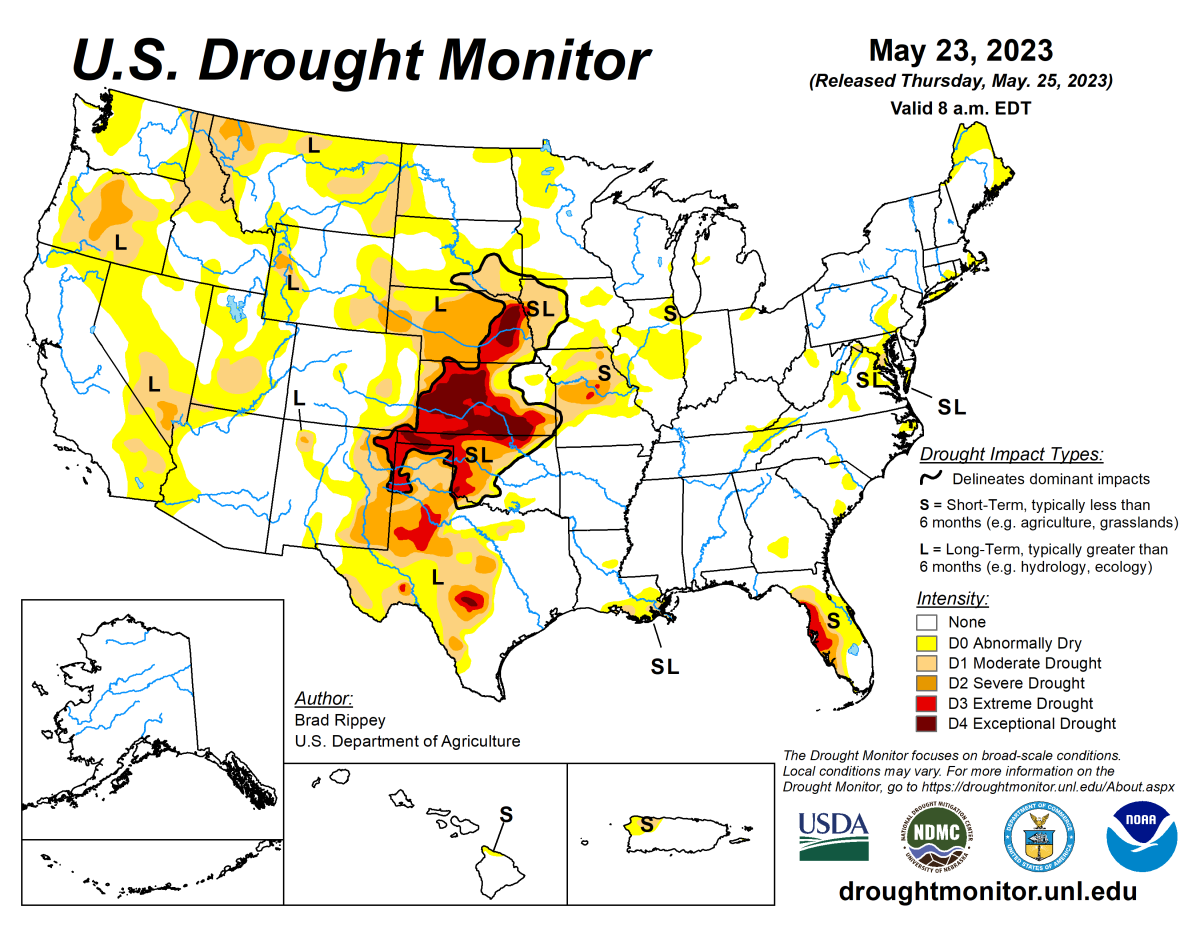 U.S. Drought Monitor map for May 23, 2023.