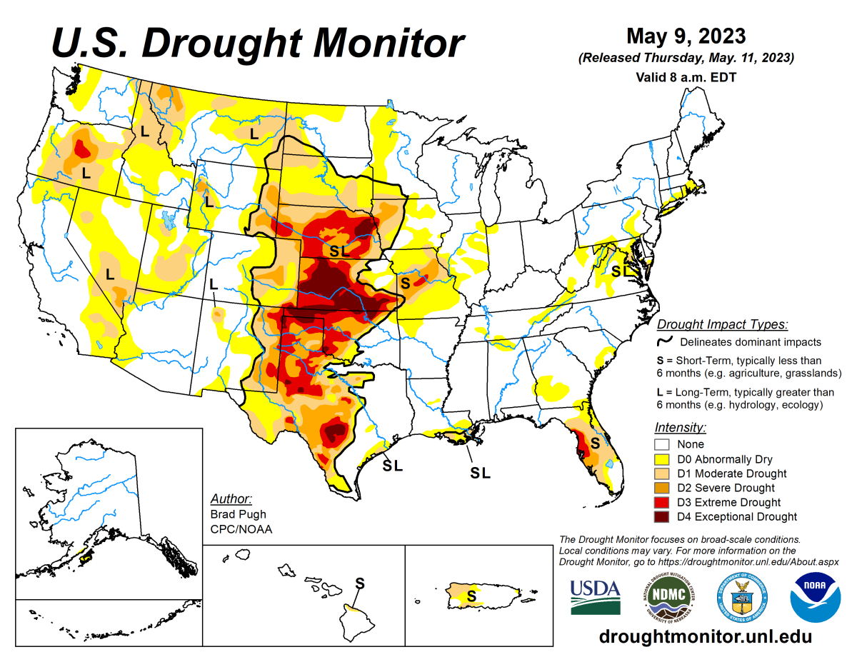U.S. Drought Monitor map for May 9, 2023.