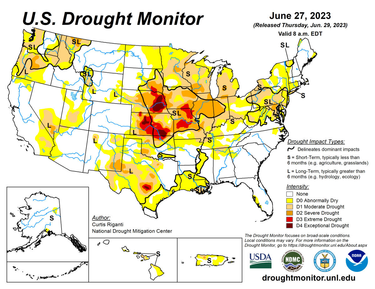 U.S. Drought Monitor map for June 27, 2023.