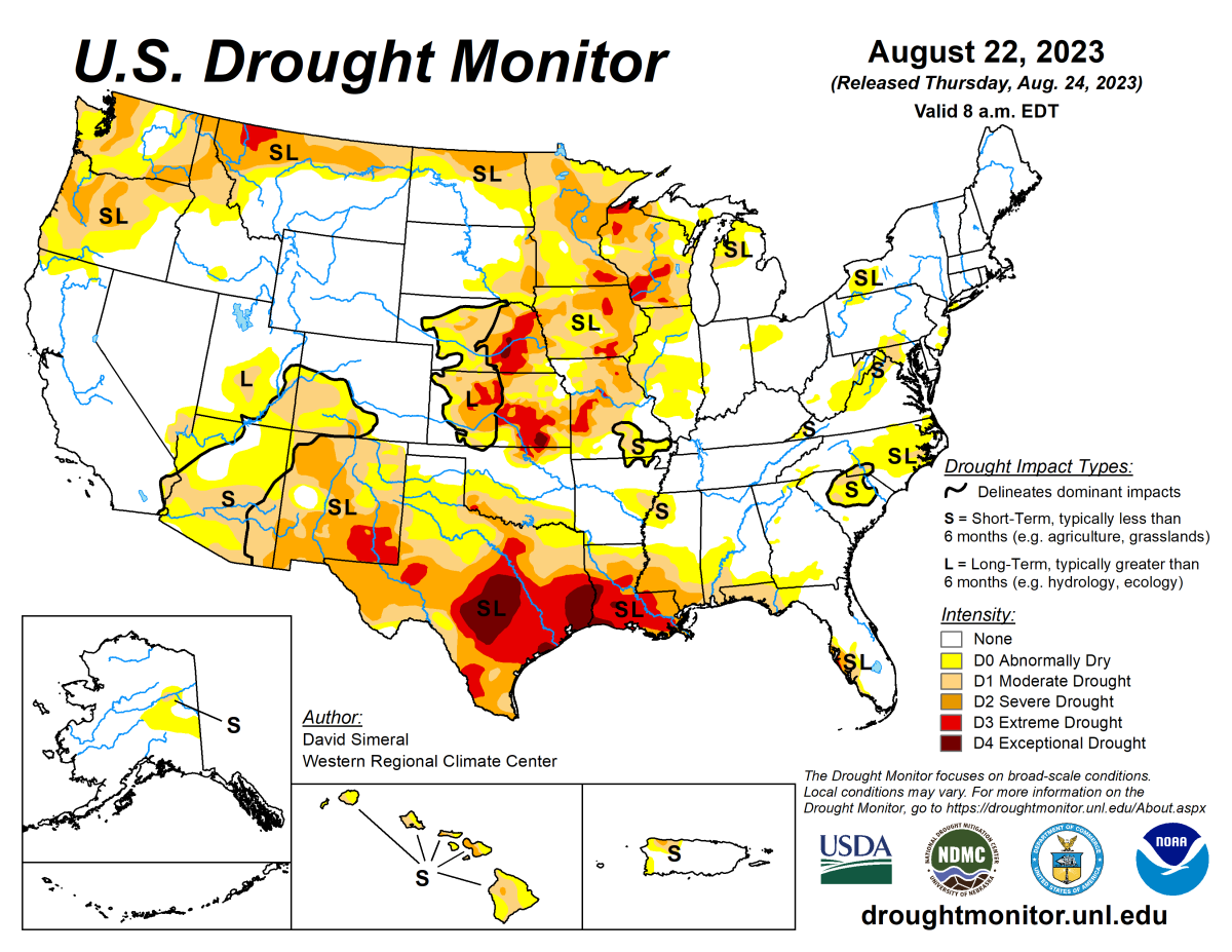U.S. Drought Monitor map for August 22, 2023.