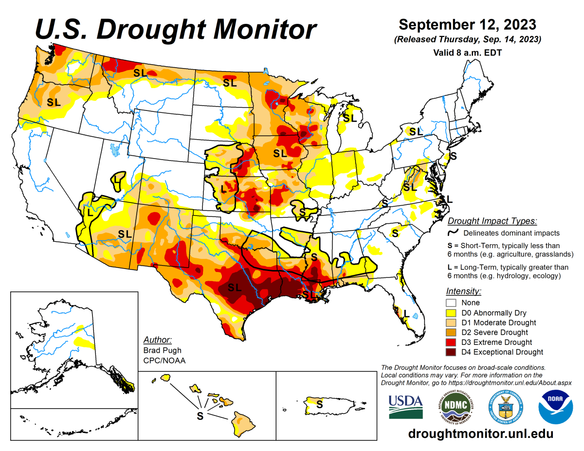 U.S. Drought Monitor map for September 12, 2023.