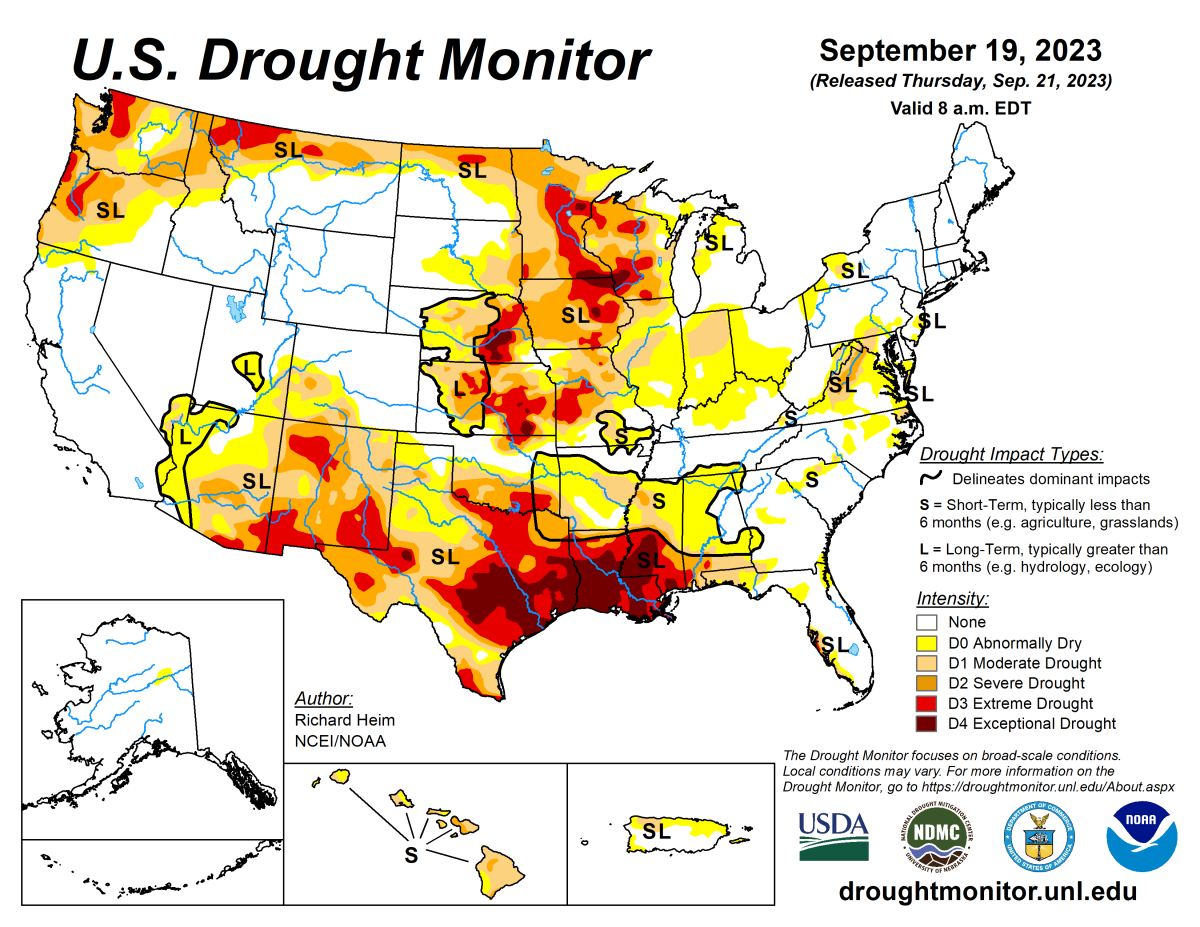 U.S. Drought Monitor map for September 19, 2023.
