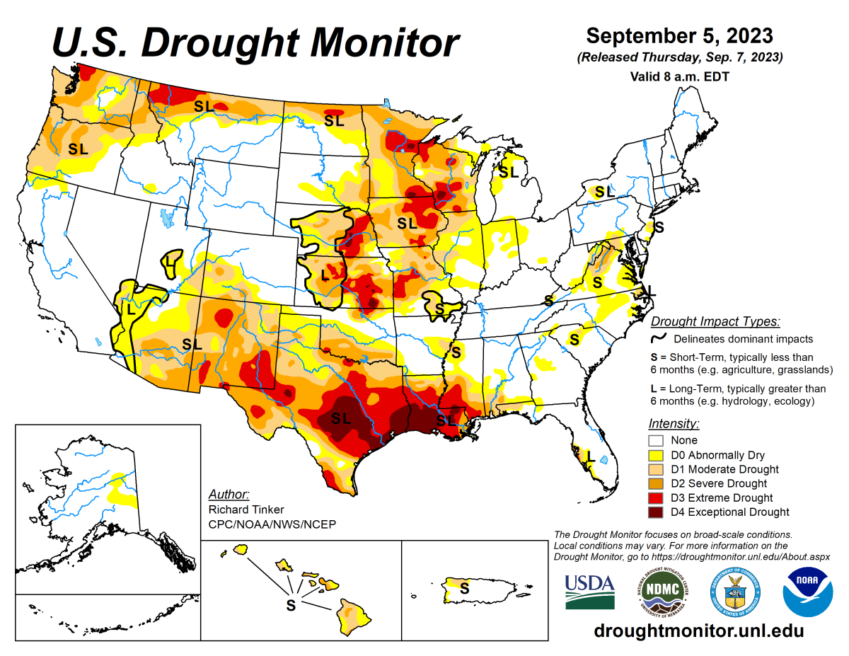 Alt text: U.S. Drought Monitor map for September 5, 2023.