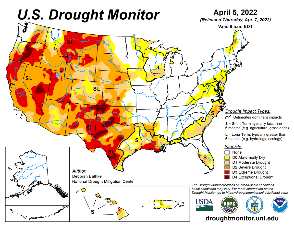 Map of U.S. drought conditions for week ending April 5, 2022