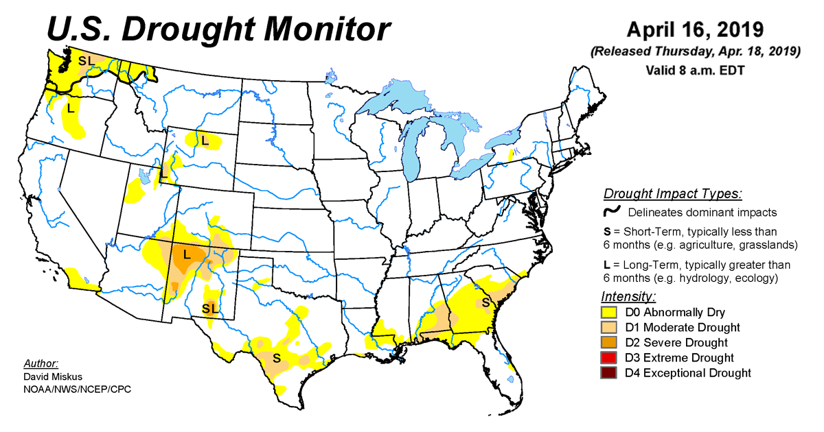 Map of U.S. drought conditions for April 16, 2019