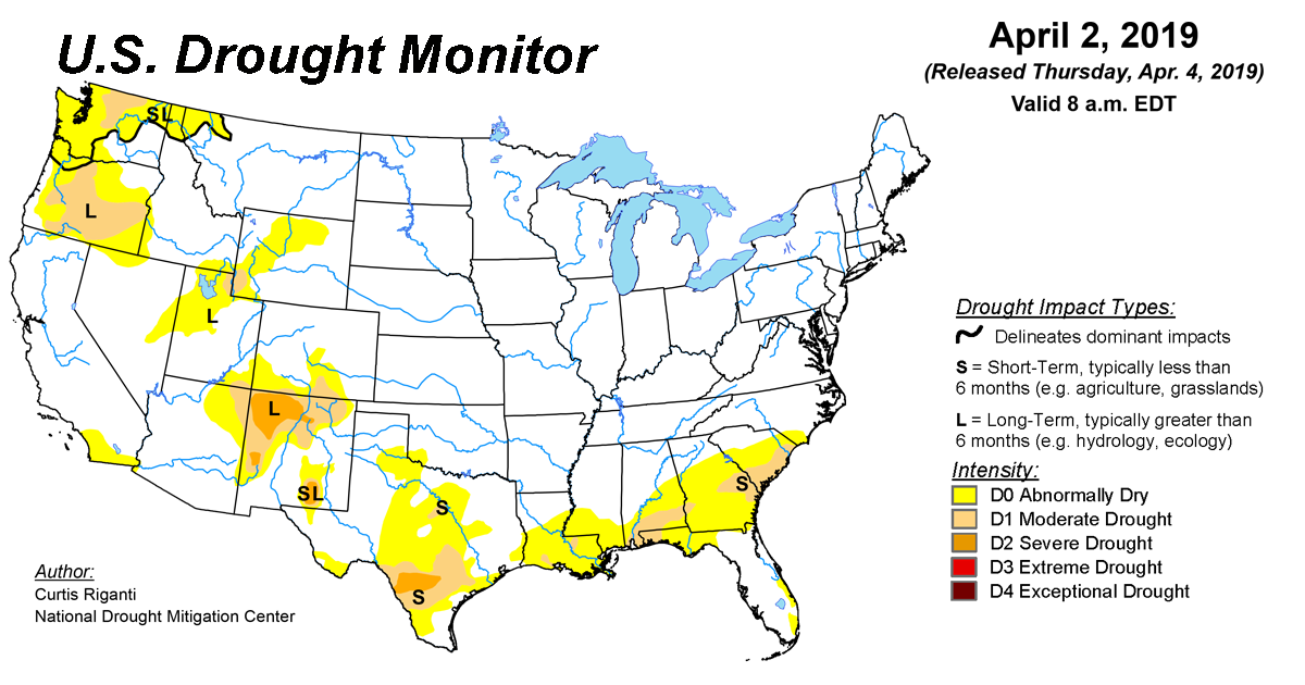 Map of U.S. drought conditions for April 2, 2019