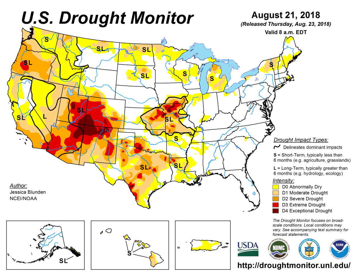 Map of U.S. drought conditions for August 21, 2018