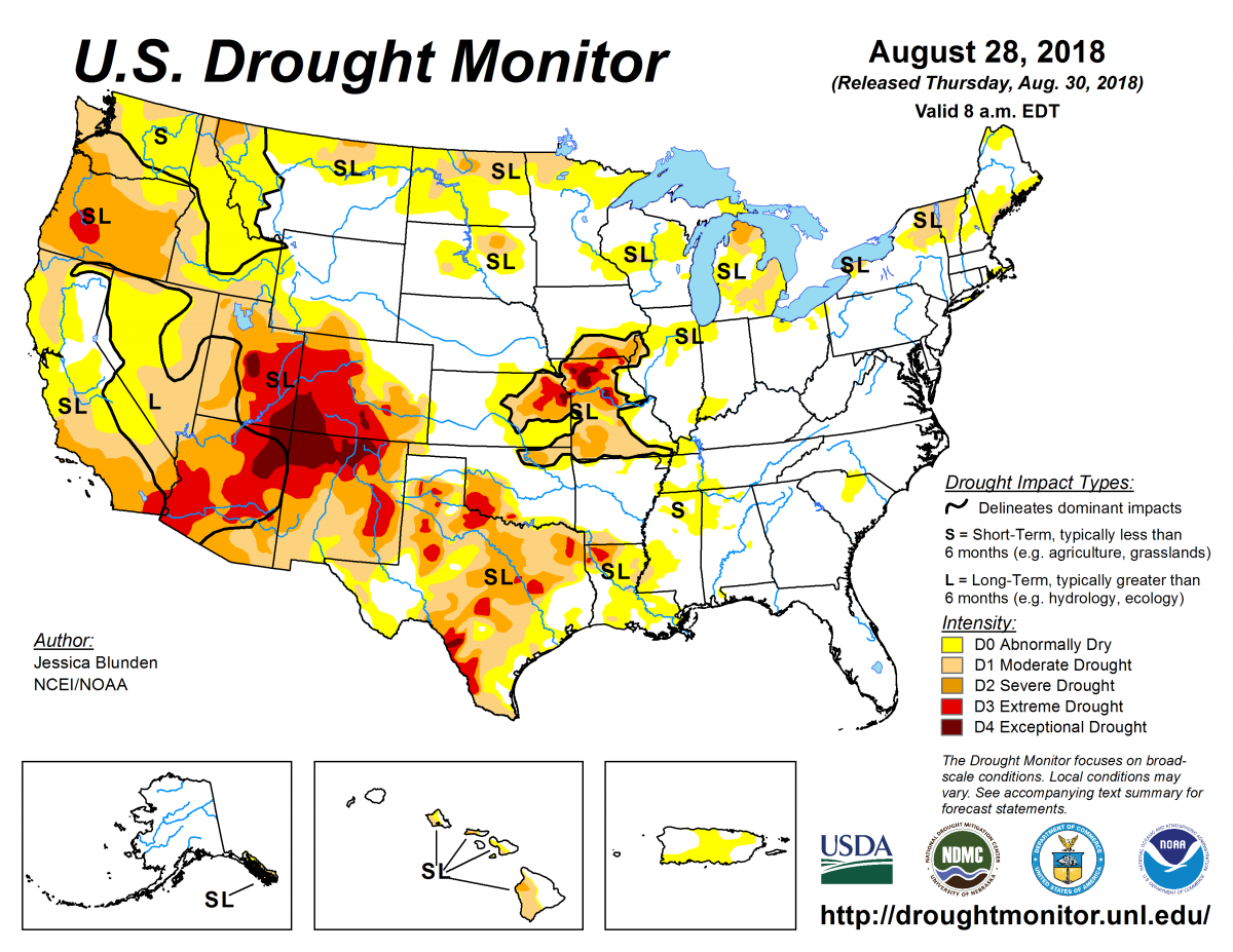 Map of U.S. drought conditions for August 28, 2018