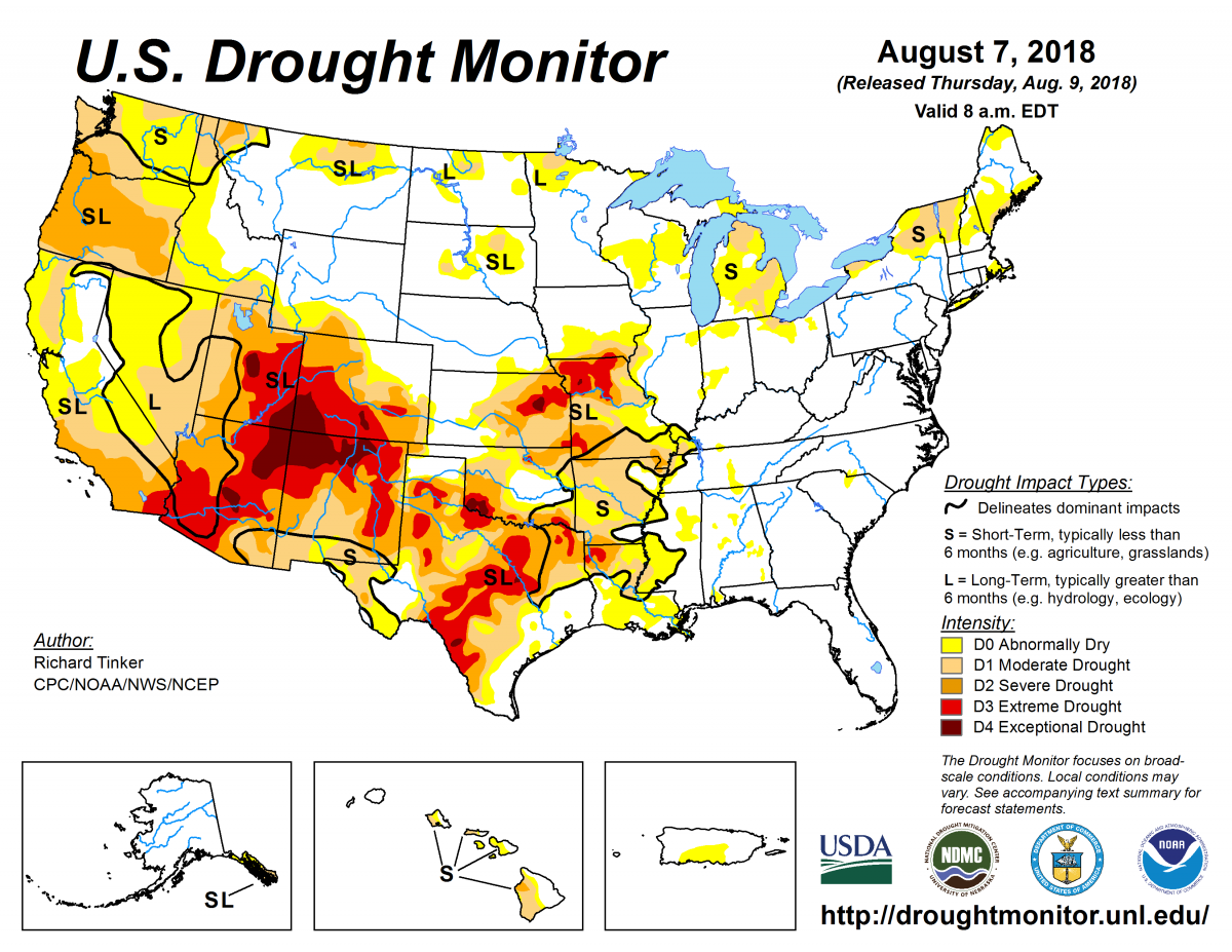 Map of U.S. drought conditions for August 7, 2018
