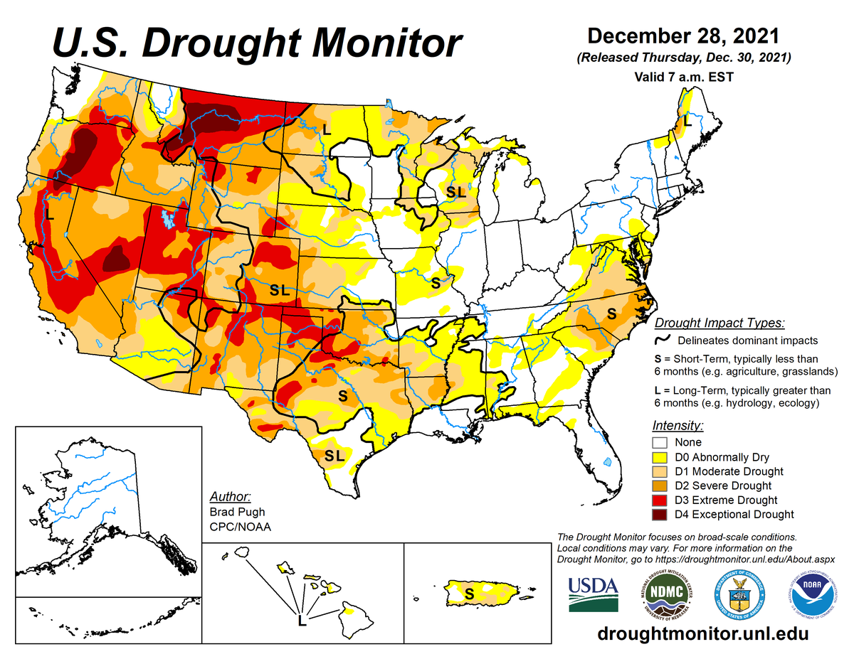 Map of drought conditions for the United States for the week ending December 28th, 2021