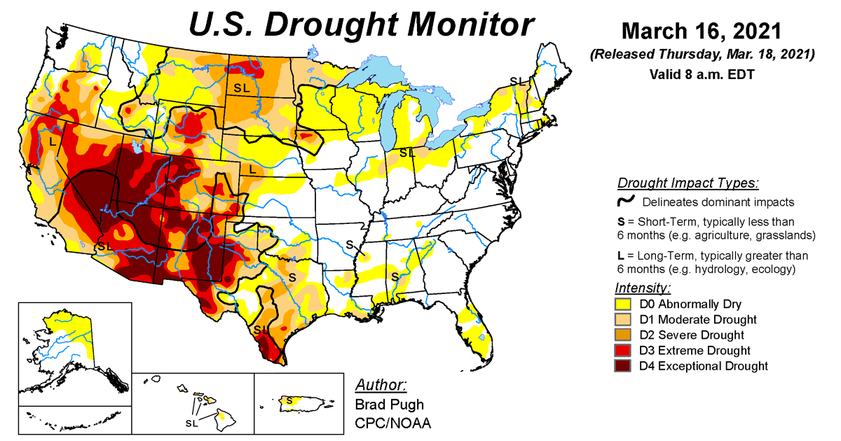 Map of U.S. drought conditions for March 16, 2021