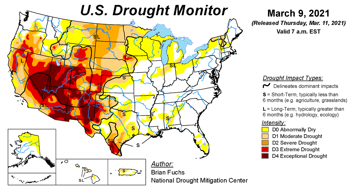 Map of U.S. drought conditions for March 9, 2021