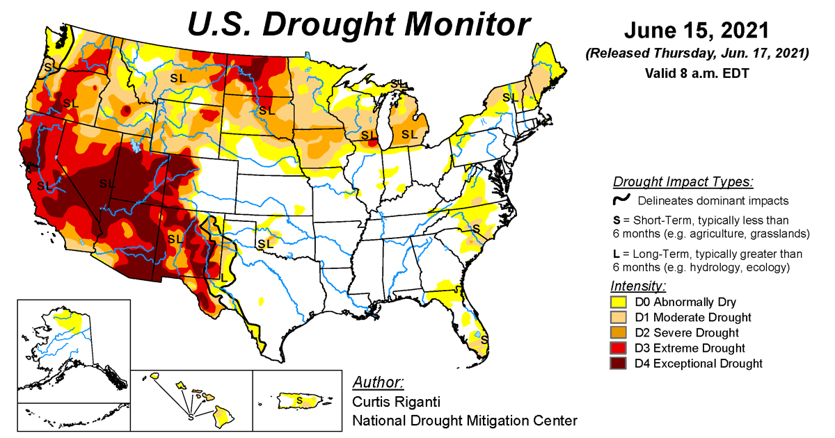 Map of U.S. drought conditions for June 15, 2021