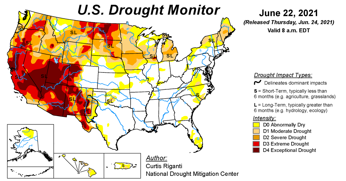 Map of U.S. drought conditions for June 22, 2021
